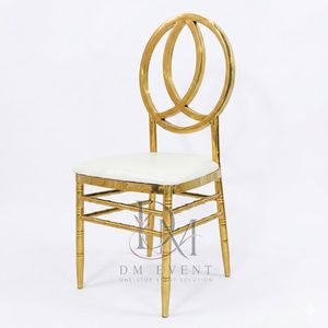 Chaise de mariage en acier inoxydable doré à dossier ovale emboîtable avec coussin blanc pour événements de mariage et banquets - Sièges événementiels - Product Image 3