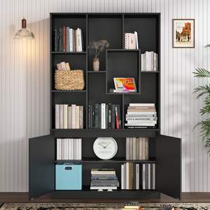 Estantería Moderna Alta para Ahorrar Espacio, Organizador de Almacenamiento con 10 Cubos y Puertas, Estantería Abierta de 10 Niveles, de Madera, Independiente, Negra, para Dormitorio o Sala de Estar - Product Image 3