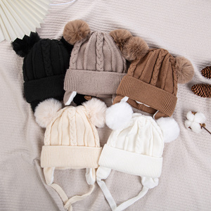 Mignon Ours Oreillette Texturé Tricot Chapeaux Pompon Bébé Garçons Filles Épais Chaud D'hiver Oreille Protection Casquettes Doublure En Coton Enfants Headwraps - Product Image 3