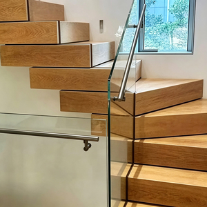 Scala a U Moderna con Piattaforma, Gradini in Legno <span class=keywords><strong>e</strong></span> Balaustra in Vetro per Residenze Duplex - Product Image 2