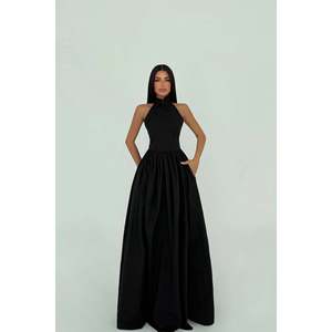 Robe de soirée noire en satin Tania, brodée en 3D au crochet, coupe trapèze, fines bretelles spaghetti, taille empire, simple, pour soirée formelle, tailles XS-XL - Product Image 3