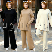 Ensemble deux pièces ample pour femmes musulmanes, hiver, haut à manches longues avec poches plaquées, pantalon large, abaya, kaftan, tenue islamique modeste pour tous les jours