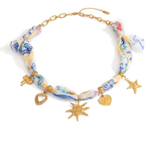 Collar de tela colorido con colgante de sol, estrella y corazón de aleación de zinc para uso diario para mujeres. - Product Image 5
