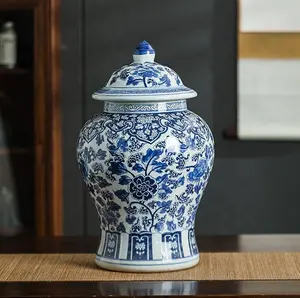 2022新しいデザイン青と白のセラミック丸い花瓶魚塗装ジンジャー家の装飾用