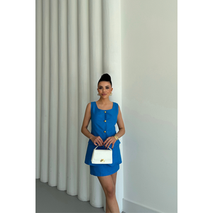 Ensemble veste en lin jacquard et jupe courte au-dessus du genou bleu - Ensemble 2 pièces pour femme taille XS avec un design élégant - Product Image 2