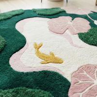 Hand Tufted Moss Yellow Koi Wool Rug with Pink Floral Pond Artwork and Irregular Design for Living Room Bedroom Nursery Kids