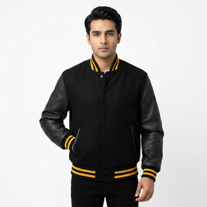 Custom Men's Wool Letterman Real Leather Varsity <b>Jacket</b> Black with <b>Red</b> Color Embroidery Logos Patches and Labels <b>Jacket</b> for Men - Product Image 1