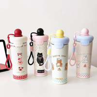 Nouvelle tasse isotherme sous vide en acier inoxydable de 600 ml avec sangle de transport portable et paille, isolation thermique de 6 à 12 heures, motif animal adorable