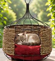Lit suspendu pour chat en jacinthe d'eau tissé à la main de luxe avec cadre en métal et coussin rouge en peluche