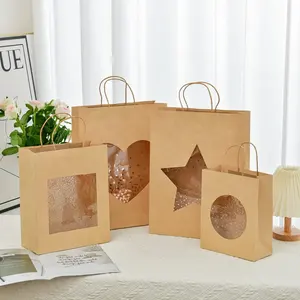 Atacado personalizado flor aniversário presentes embalagem saco de papel kraft marrom com janela
