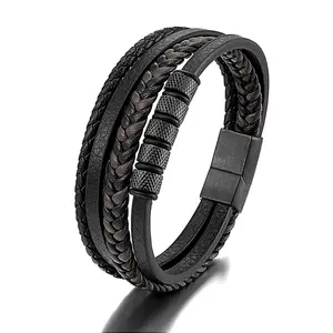 Simple stainless steel leather rope bracelet European and American popular multi-layered black leather braid for men