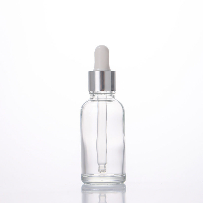 ขวดหยดแก้วใส + แหวนเงิน + ยางสีขาว