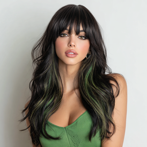 <span class=keywords><strong>Parrucca</strong></span> sintetica di moda europea americana per donna stile onda corpo nero evidenzia <span class=keywords><strong>verde</strong></span> gradiente capelli ondulati <span class=keywords><strong>parrucca</strong></span> Bangs-SM406 - Product Image 1