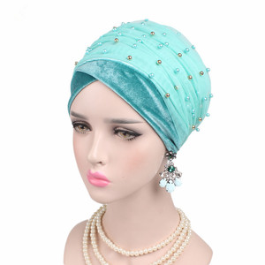 N880 Jolie perle velours Turban casquettes écharpe africaine chapeaux de <span class=keywords><strong>chimio</strong></span> doux chignon chapeau bandeau musulman bonnet bonnet bandanas - Product Image 6