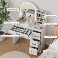 Ensemble de coiffeuse moderne en bois massif pour chambre à coucher avec 4 tiroirs, miroir éclairé sur plateau en verre, bureau de maquillage et de toilette (Blanc)