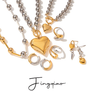 Yueli Heart <b>Necklace</b> <b>Ring</b> Earrings Set Stainless Steel Unisex Gift Jewelry - Product Image 1