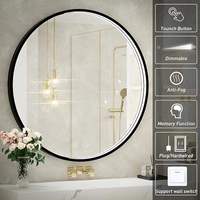 Miroir LED rond intelligent à cadre noir avec interrupteur tactile, design moderne pour salon et hôtel