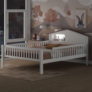 DB เตียงแพลตฟอร์มไม้แข็งขนาดใหญ่พร้อมไฟ LED และที่เก็บของในตัวหัวเตียงรูปบ้านเฟอร์นิเจอร์ห้องนอนสีขาว - Product Image 1