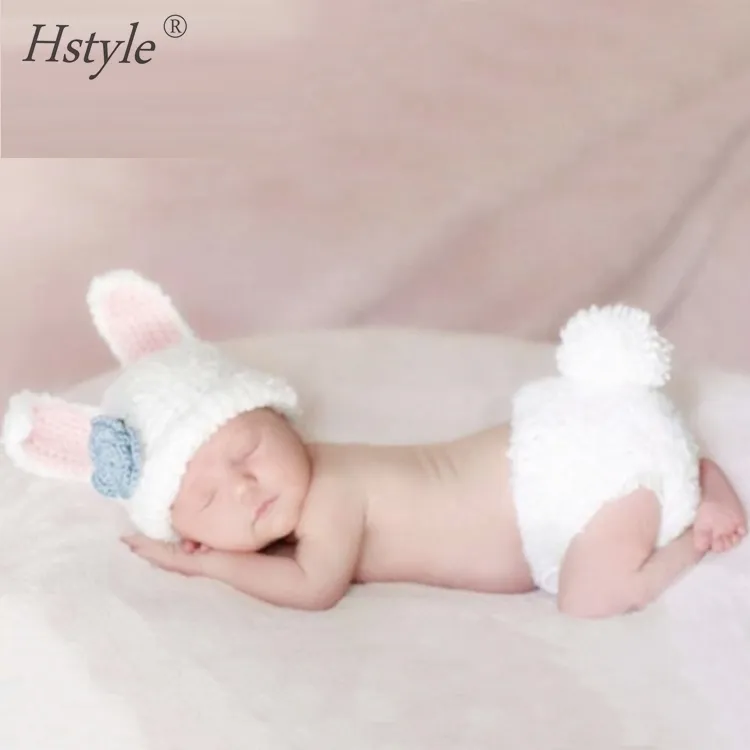 Милые белые для девочек «милый кролик» для детей, младенцев, новорожденных ручной вязки; Шапка, вязанная крючком костюм Детская фотография реквизит комплект A063