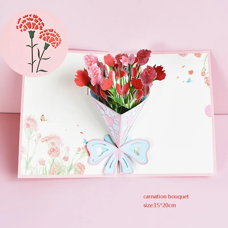 Поздравительная открытка ручной работы для креативного праздника, оптовая продажа, 3D поздравительная открытка на день матери, женский день, букет гвоздики, поздравительная открытка