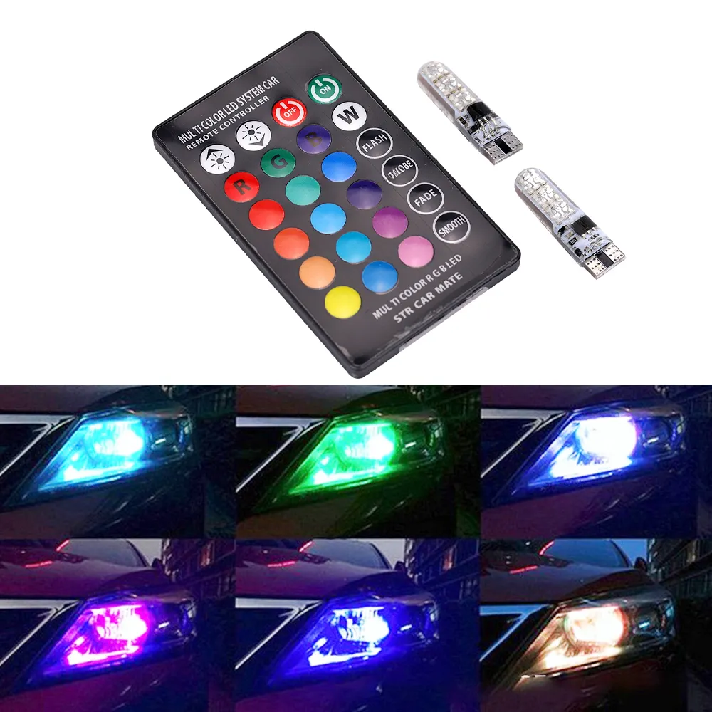 luces led t10 5050 6smd silicone 194 LED Bulb RGB Car Remote Controller Wireless 16-Colors change t10 w5w rgb led car light