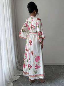 ชุดเดรสลำลองผู้หญิงแบบสั่งตัด ผ้าทอ 100% คอตตอน ระบายอากาศได้ดี ทรงปกติ เอวธรรมชาติ สำหรับฤดูใบไม้ร่วง คอตั้ง แขนสั้น ยาวแบบแม็กซี่ - Product Image 4