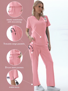 Conjunto de Uniformes Médicos Elásticos Premium de 4 Vías, Unisex, Blusa con Cuello en V, Bolsillos Dobles, Aberturas en los Tobillos, para Hospital - Product Image 3