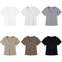 Kaos Wanita Katun Combed Spandex Crop V-neck Lengan Pendek - Gaya Minimalis Warna Solid Tanpa Perawatan Setrika Musim Semi/Panas