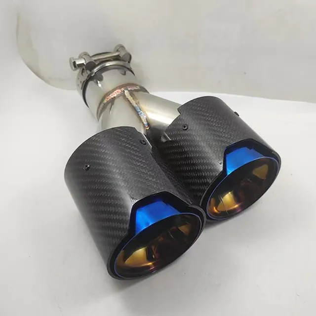 Tubo de escape de fibra de carbono, silenciador de tubo de escape com pontas duplas, azul queimado, preto, de aço inoxidável