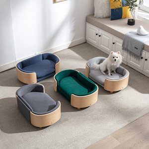 Cama Elevada Moderna para Perros y Gatos Estilo Escandinavo, Patas de Madera Maciza, Respaldo de Madera Curvada, Cojín de Terciopelo, Funda Extraíble y Lavable, Embalaje en Cartón - Product Image 2