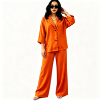Setelan Wanita Ukuran Besar Musim Gugur 2 Potong, Blazer Lengan 3/4 dan Celana Kaki Lebar, Model Kasual Kancing, Longgar
