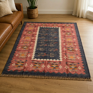 Tapis rectangulaire à motif géométrique Krafterscustom en laine et acrylique, kilim écologique, tufté à la main, tissage plat, poils moyens, latex - Product Image 1