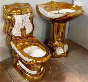 Lavabo de <span class=keywords><strong>colonne</strong></span> de <span class=keywords><strong>toilette</strong></span> en céramique dorée de style européen Lavabo moderne à double chasse rangée horizontale plaqué or mural - Product Image 3