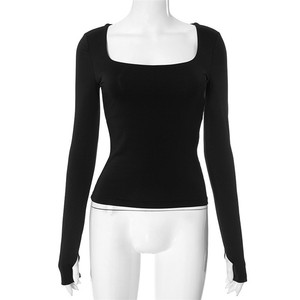 2025 primavera nuevas blusas básicas de fondo Sexy cuello cuadrado sobre los dedos Color sólido cintura delgada corta Slim Fit camiseta de tela de punto - Product Image 5