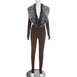 Sexy Modischer Fellkragen-Jumpsuit für Damen Herbst Winter Trend Tiefer Ausschnitt Langarm Figurbetont Party-Overall - Product Image 4