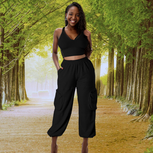 Nouvelles tendances sportives : ensemble haut court et pantalon uni avec poches, tendance - Product Image 6