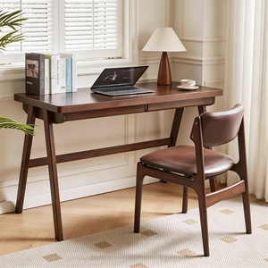 Scrivania per Computer in Legno Massello di Gomma, Stile Retrò Noce con Cassetto, Gambe a Telaio a T, 100x55 cm, Design Robusto - Product Image 5