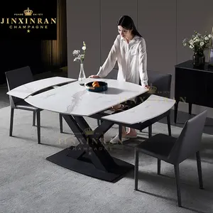 Mesa de jantar personalizada, móveis modernos que economiza espaço, ferro preto, metal, pés, pedra de jantar, mesa de jantar extensível branca