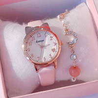 Montre à quartz pour filles, montre-bracelet chat de dessin animé, cadran rond, bracelet en cuir, pendentif, cadeau