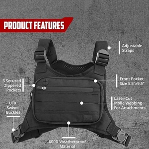 Sac de poitrine tactique, gilet de course unisexe noir avec poche zippée pour usage extérieur - Product Image 3