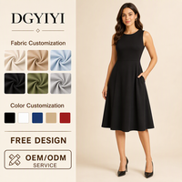 Robe Midi en Coton Doux à Col Rond et Sans Manches Coupe Trapèze pour Femme, Noire, Décontractée, Personnalisable avec Logo OEM, Vente en Gros