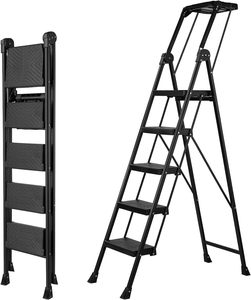 Heavy Duty Steel 5 <b>Step</b> Ladder Foldable <b>Handrail</b> Built-in Tool Tray Anti Slip Safety Ladder For Home Indoor - Product Image 1
