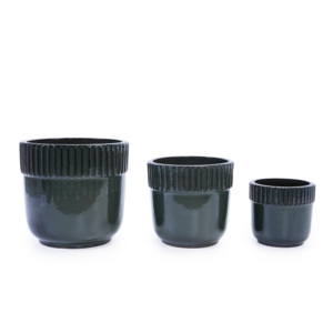 Set di 3 vasi in ceramica neri a coste da 15, 14 e 9 pollici per piante grasse, uso interno ed esterno, per davanzali - Product Image 2