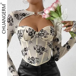 Chuangerm Professional Supplier Hollowed-out Printed Long Sleeve corset Fishbone Mesh Spliced V-neck corset top