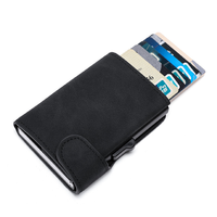 Dompet pria kulit PU logam RFID kustom bisnis dengan penutup kancing desain dan Logo kuda gila minimalis