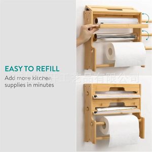 Bamboo Cling Film Cutter Box With <b>Kitchen</b> <b>Paper</b> Holder Wall Mounted Multi Compartment Condiment Storage Rack - Product Image 3