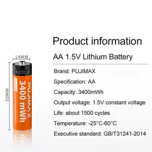 PUJIMAX vente en gros 1 pièces 1.5V piles rechargeables 3400mWh AA batterie type-c batteries au lithium-ion avec câble pour microphone