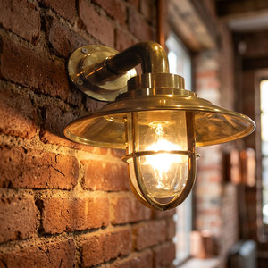 Vintage Brass Wall <b>Sconce</b> Industrial Nautical Style Polished Metal <b>Light</b> Fixture Round Shade Home Decor - Product Image 1