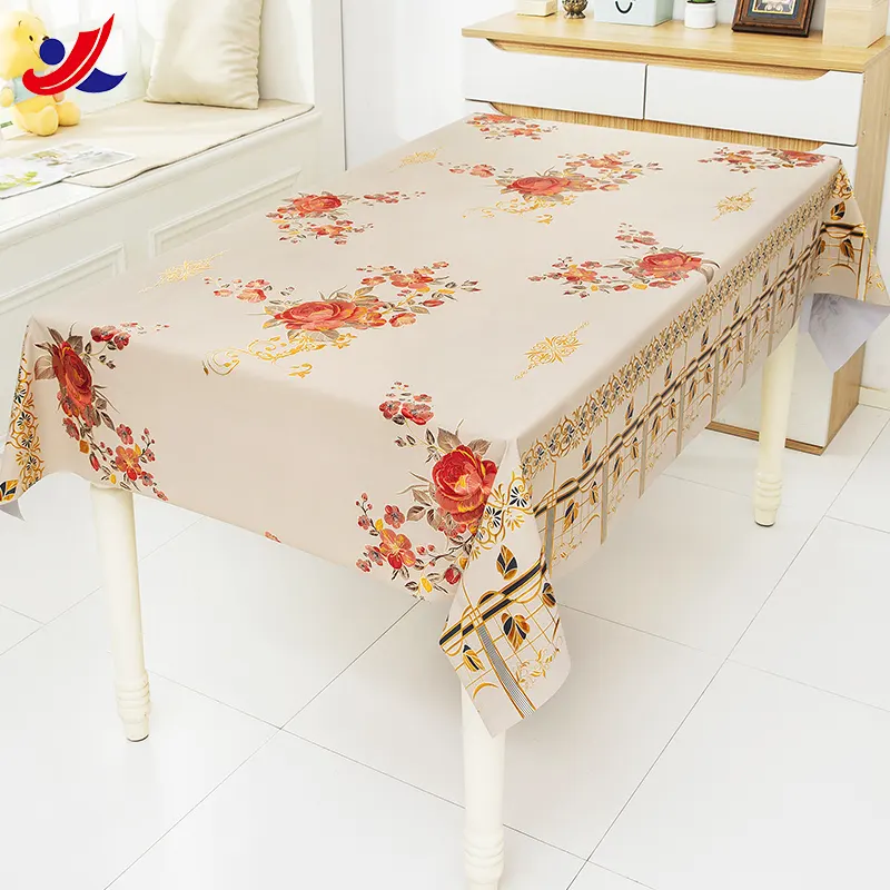 Venta caliente Plaza equipada champagne floral mantel cubierta de pvc grueso resistente al agua y al aceite de ropa de mesa con gran precio