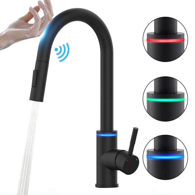 Hot Sale SUS304 Smart Touch Sensor LED Kitchen Faucet 3-Way Water Saving Brass Tap Modern Design Brushed Hot Cold Mixers Tap